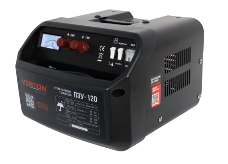 Пуско-зарядное устройство VERTON Energy ПЗУ- 120 (напр.сети 230/50 В/Гц,напр.АКБ 12/24В,емкость зар. АКБ (мин/макс) 20-400 Ач,макс.ток зар./зап. 40А/120А,WET/AGM, 12В потр.мощн. 1,08/2,16кВт,3 реж, зар,IP20)