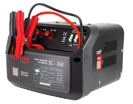 Пуско-зарядное устройство VERTON Energy SC-240 (напр.сети 230/50 В/Гц,напр.АКБ 12/24В,емкость зар. АКБ (мин/макс) 20-500 Ач,макс.ток зар./зап. 60А/220А,WET,12В потр.мощн.2,34/4,68кВт,3 реж. зар,IP20)