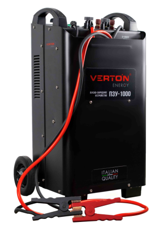Пуско-зарядное устройство VERTON Energy ПЗУ-1000 ДУ (напр.сети 380/50 В/Гц,напр.АКБ 12/24В,емкость зар. АКБ (мин/макс)20-1300 Ач,ток зар/зап. 100A/1000А,WET/AGM,12В потр.мощн.0,6/12кВт,8 реж. зар,IP20, пульт ДУ)