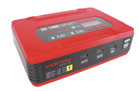 Пусковое устройство VERTON Energy SD-1400 (напр.сети 230В,макс. пуск. ток 900А,компрессор 5 атм, 22 л/мин,емкость 14000мА*ч/44,8Вт*ч,тип аккум. Li-Po,USB1:5В/1A,USB2:5В/2A,кол-во USB:2шт) 20 шт/кор