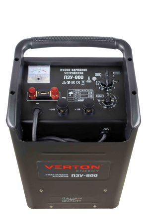 Пуско-зарядное устройство VERTON Energy ПЗУ- 800 (напр.сети 230/50 В/Гц,напр.АКБ 12/24В,емкость зар. АКБ (мин/макс)20-1300 Ач,макс. ток зар/зап. 100A/800А,WET/AGM,12В потр.мощн.6,0/12 кВт,6 реж. зар,IP20)