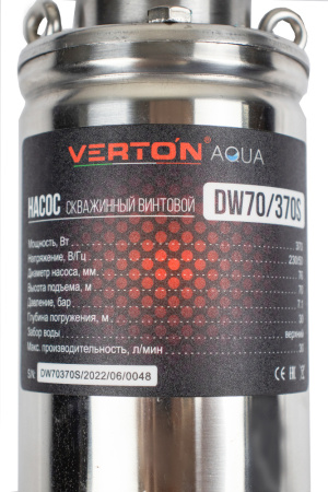 Скважинный винтовой насос Verton AQUA DW70/370S (370 Вт, 230 В//50 Гц, Q max 30 л/мин, H max 70 м, диам. 76 мм, верх. забор, давл. 7.1 бар, глуб. 30 м, 1", мин диам. скважины 100 мм, дл. кабеля 20 м, корпус из нерж. ст., медн. обмотка)