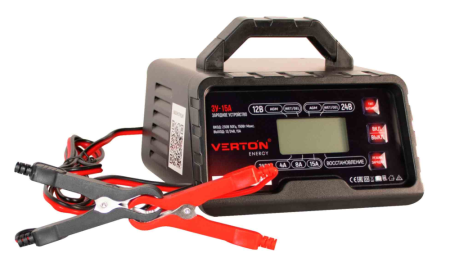 Зарядное устройство VERTON Energy ЗУ-15A (230/50 В/Гц,мощн.250 Вт,напряж. аккум.12/24В,вых. ток  (в реж. 12В) 2/8/15 А, (в реж. 24 В) 2/8 А, емкость обсл. аккум. 2,2-300 А/ч, LCD) 12 шт/кор.