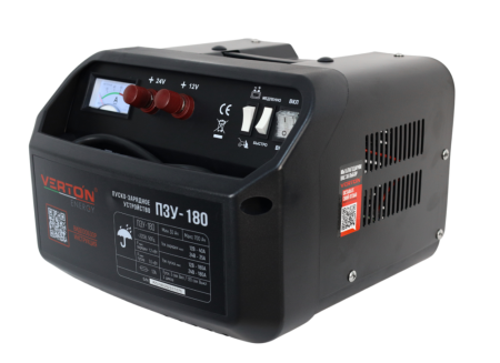 Пуско-зарядное устройство VERTON Energy ПЗУ- 180 (напр.сети 230/50 В/Гц,напр.АКБ 12/24В,емкость зар. АКБ (мин/макс)20-450 Ач,ток зар./зап. 50А/180А,WET/AGM, 12В потр.мощн. 2,1/4,2кВт,3 реж, зар,IP20)