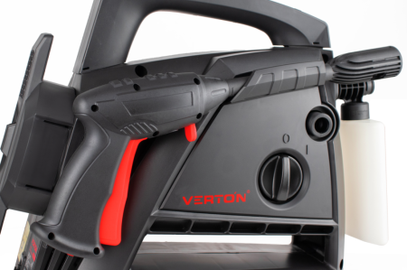 Мойка выс.давл.VERTON WM-1500 (1500 Вт.,давл. мин/макс 80/120 бар,расх. воды мин/макс 5,0/5,5 л/мин., 5м шланг, пеногенератор с рег. подачи, веерная насадка, грязевая фреза, внутр. фильтр тонк. очистки, функция автостоп, самовсасывание, пласт. помпа)
