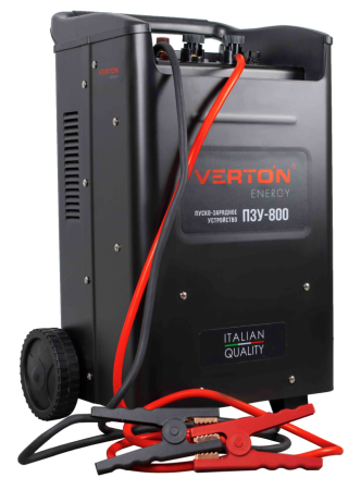 Пуско-зарядное устройство VERTON Energy ПЗУ- 800 (напр.сети 230/50 В/Гц,напр.АКБ 12/24В,емкость зар. АКБ (мин/макс)20-1300 Ач,макс. ток зар/зап. 100A/800А,WET/AGM,12В потр.мощн.6,0/12 кВт,6 реж. зар,IP20)