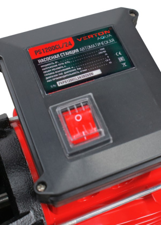 Насосная станция автоматическая Verton AQUA PS1200CL/24(Удлиненный чугун. корпус,1200Вт,230В/50Гц,Qmax 55л/мин,V24л, max забор 9м,Hmax50м,Øвх./вых.1", Р 1,5-3 бар,Tmax жидк.0-60°C,соед.шланг 32 мм,встр. эжектор,крыльчатка PPO,кнопка питания сети)