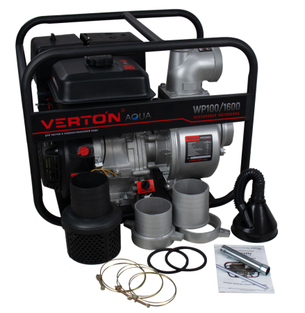 Мотопомпа Verton WP 100/1600 (13л.с/389см3,100мм/4", 1600л/мин,96м3/ч,h8м/30,d8мм)