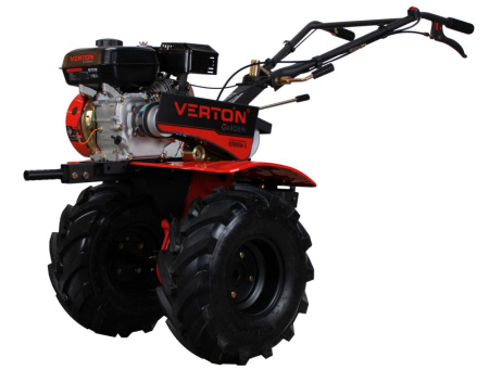 Мотоблок бенз. VERTON GT800W-3 NEW(макс.мощн. 7л.с.чугунный редуктор,V раб. 212см3,передач. 3/1,регул. руля все стороны,колеса Extreme 19*7,00-8,тип. запуска ручн., кол-во фрез-24, вал фрез-S23, прив. доп. оборуд.-ремен., сцепление-ремен. передача)