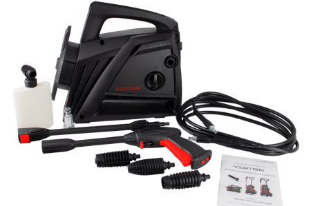 Мойка выс.давл.VERTON WM-1500 (1500 Вт.,давл. мин/макс 80/120 бар,расх. воды мин/макс 5,0/5,5 л/мин., 5м шланг, пеногенератор с рег. подачи, веерная насадка, грязевая фреза, внутр. фильтр тонк. очистки, функция автостоп, самовсасывание, пласт. помпа)