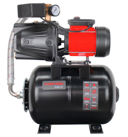 Насосная станция автоматическая Verton AQUA PS1200CL/24(Удлиненный чугун. корпус,1200Вт,230В/50Гц,Qmax 55л/мин,V24л, max забор 9м,Hmax50м,Øвх./вых.1", Р 1,5-3 бар,Tmax жидк.0-60°C,соед.шланг 32 мм,встр. эжектор,крыльчатка PPO,кнопка питания сети)