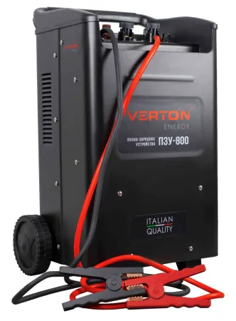 Пуско-зарядное устройство VERTON Energy ПЗУ- 800 (напр.сети 230/50 В/Гц,напр.АКБ 12/24В,емкость зар. АКБ (мин/макс)20-1300 Ач,макс. ток зар/зап. 100A/800А,WET/AGM,12В потр.мощн.6,0/12 кВт,6 реж. зар,IP20)